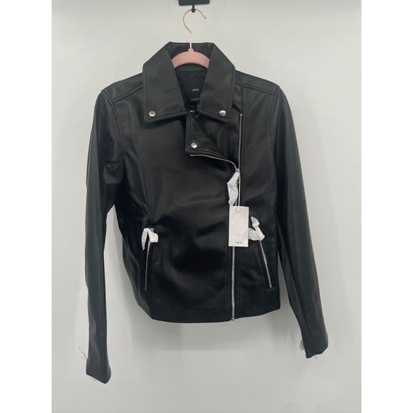 MANGO Moto Faux Leather Jacket Side Full Zip Black BRAND NEW Large - Picture 1 of 10